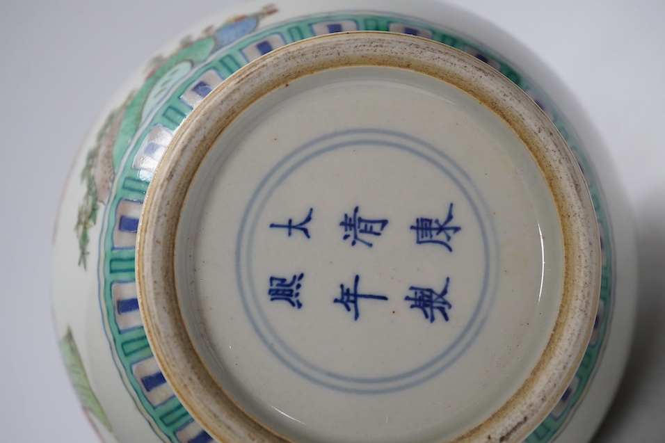 A Chinese famille verte bottle vases, Kangxi mark but later, 25.5cm. Condition - good.